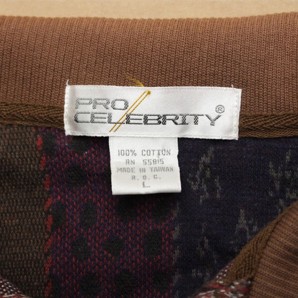 Vintage Pro Celebrity Long Sleeve Knit Polo Shirt Mens L Brown Patchwork Warm - Picture 3 of 6